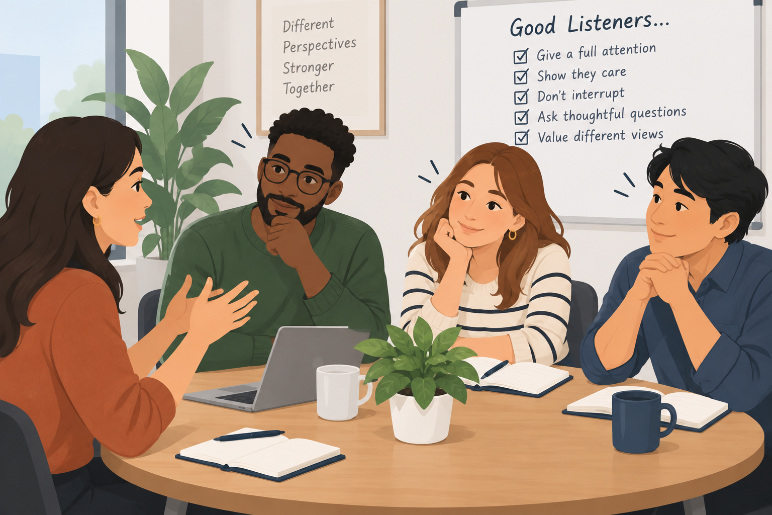 People around a table listening attentively to a speaker. AI-generated illustration.