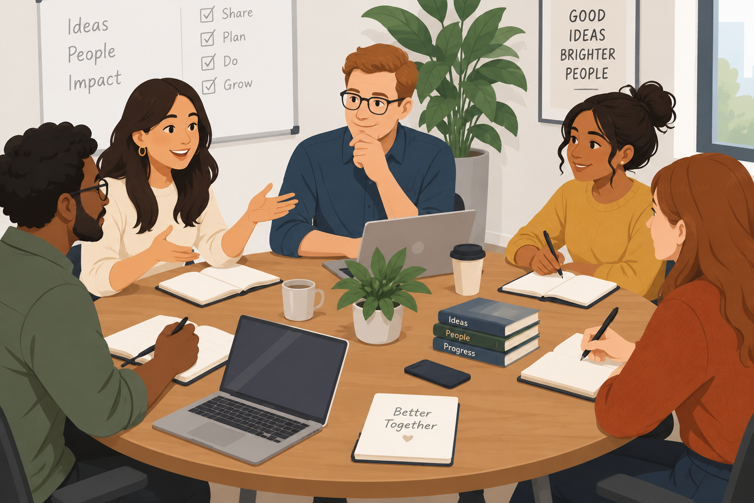 People sitting around a table having a group discussion. AI-generated illustration.