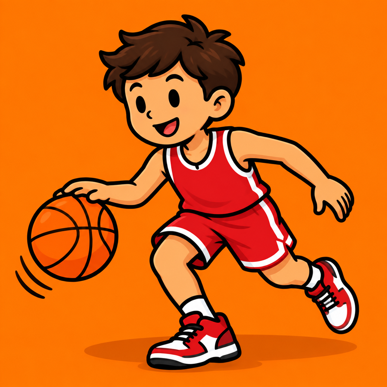 AI-generated cartoon illustration of a smiling young basketball player in a red uniform dribbling an orange basketball, set against a bright orange background.