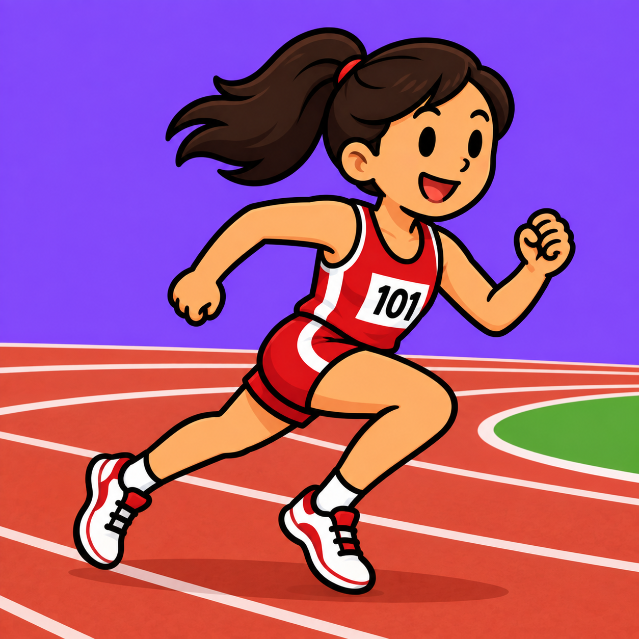 AI-generated cartoon illustration of a smiling young athlete sprinting on a red running track with white lane markings. She wears a red-and-white athletics uniform with race number 101, against a bright purple background.